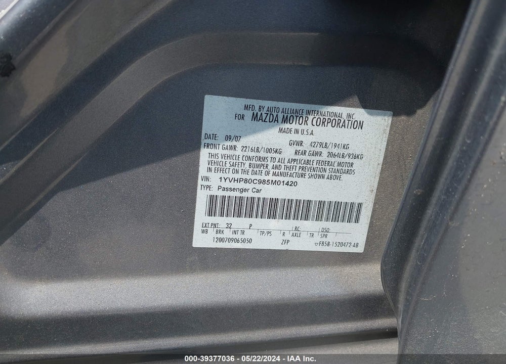 2008 MAZDA 6 I SPORT VE VIN: 1YVHP80C985M01420