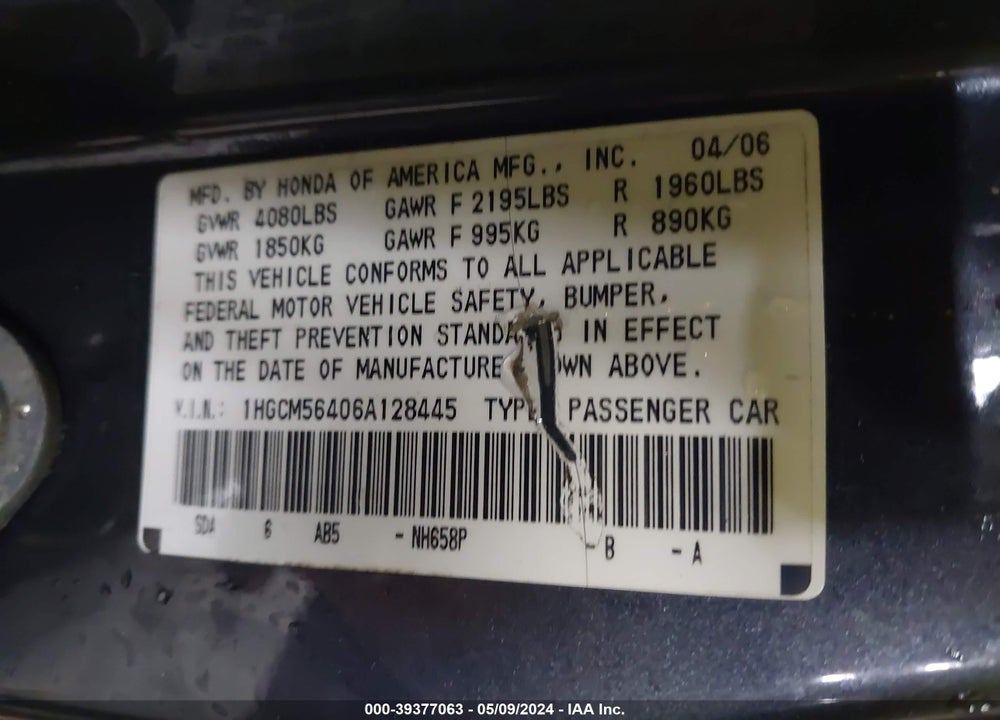 2006 HONDA ACCORD 2.4 LX VIN: 1HGCM56406A128445