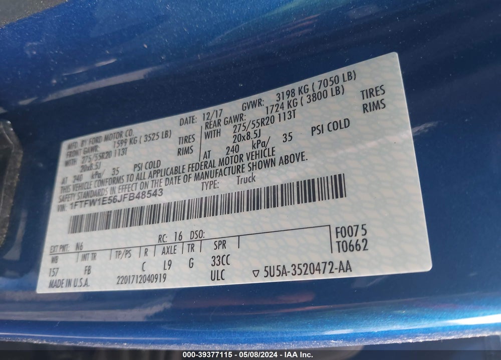 2018 FORD F-150 XLT VIN: 1FTFW1E56JFB48543