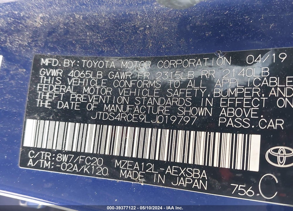 2020 TOYOTA COROLLA SE VIN: JTDS4RCE9LJ019797