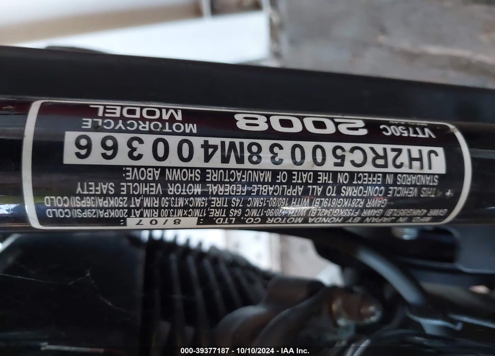 2008 HONDA VT750 C VIN: JH2RC50038M400366
