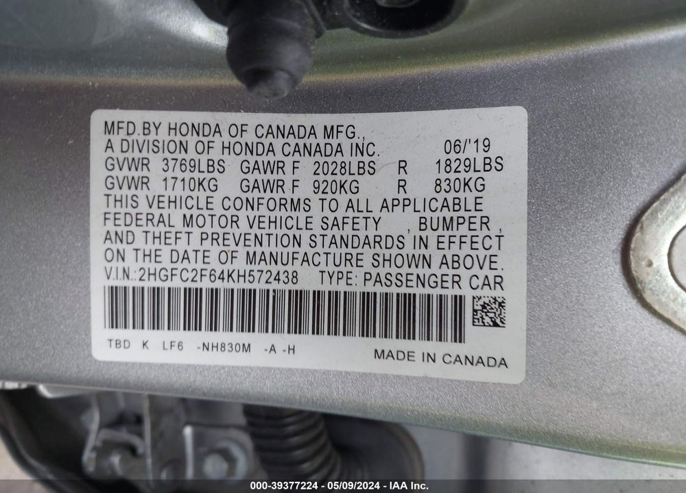 2019 HONDA CIVIC LX VIN: 2HGFC2F64KH572438