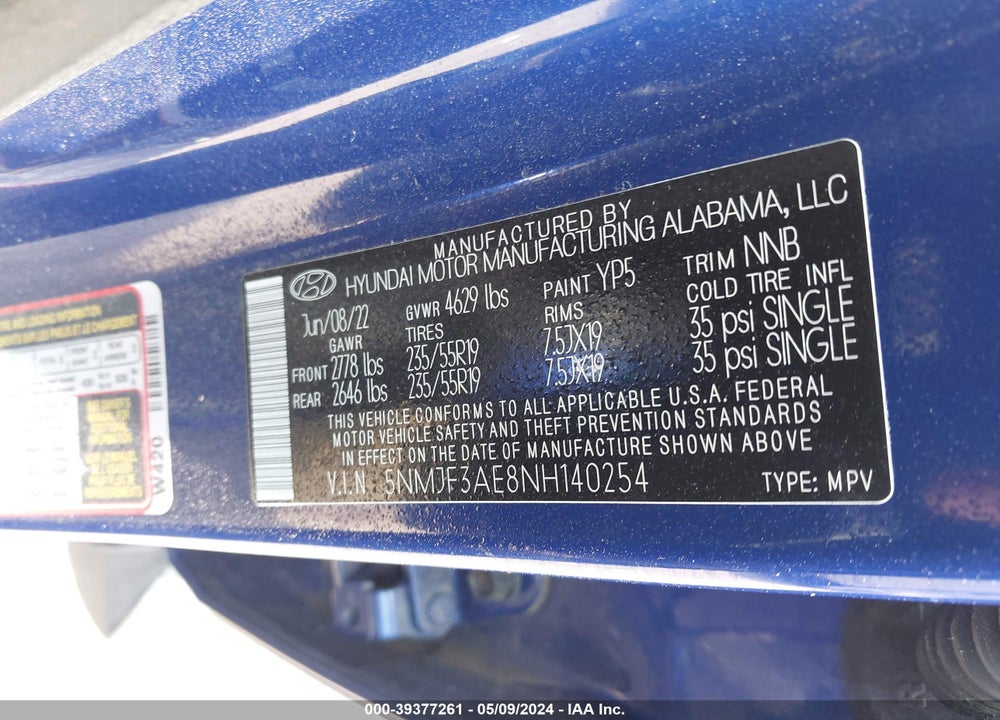 2022 HYUNDAI TUCSON SEL VIN: 5NMJF3AE8NH140254