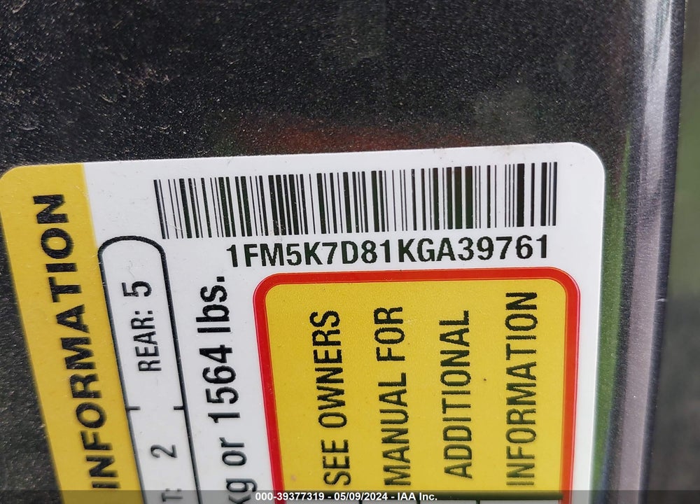 2019 FORD EXPLORER XLT VIN: 1FM5K7D81KGA39761