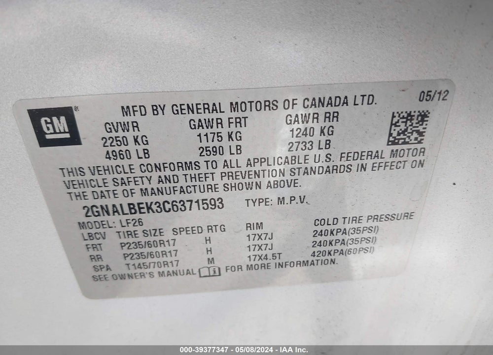 2012 CHEVROLET EQUINOX LS VIN: 2GNALBEK3C6371593