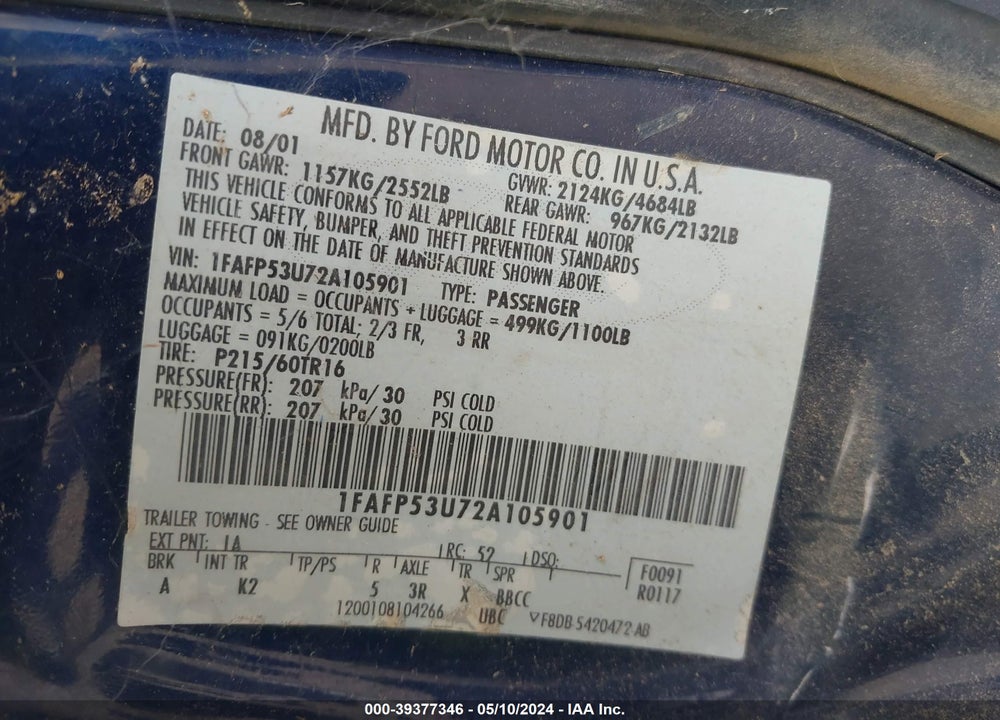 2002 FORD TAURUS SE VIN: 1FAFP53U72A105901