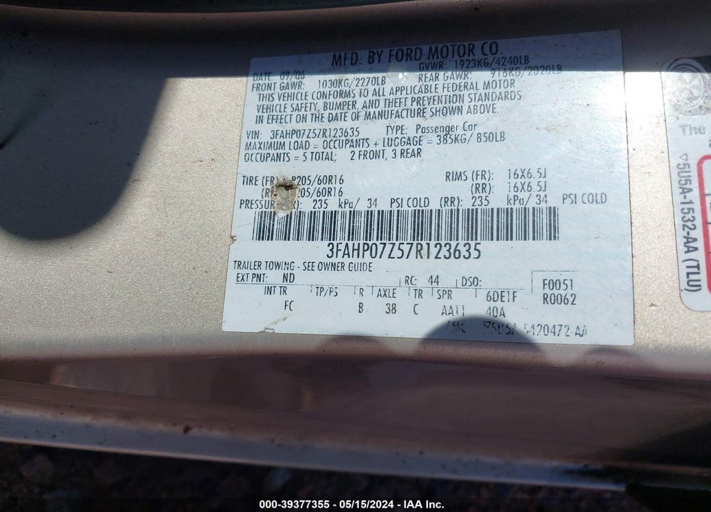 2007 FORD FUSION VIN: 3FAHP07Z57R123635