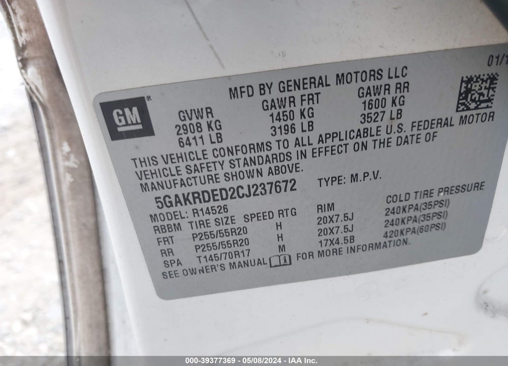 2012 BUICK ENCLAVE PREMIUM VIN: 5GAKRDED2CJ237672