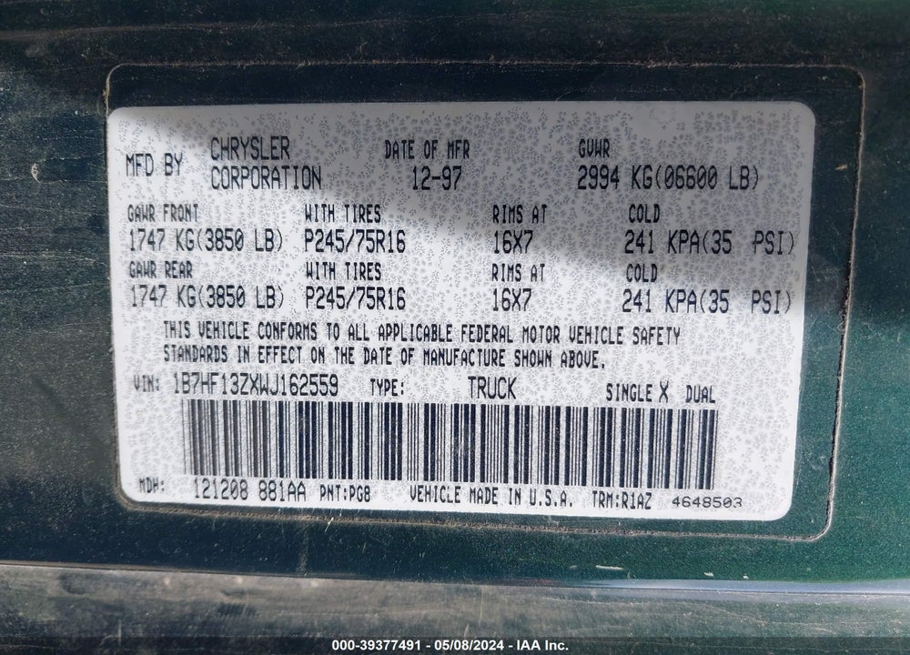 1998 DODGE RAM 1500 ST VIN: 1B7HF13ZXWJ162559