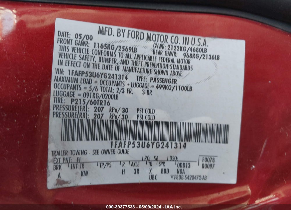 2000 FORD TAURUS SE VIN: 1FAFP53U6YG241314