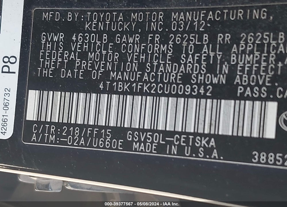 2012 TOYOTA CAMRY SE V6 VIN: 4T1BK1FK2CU009342