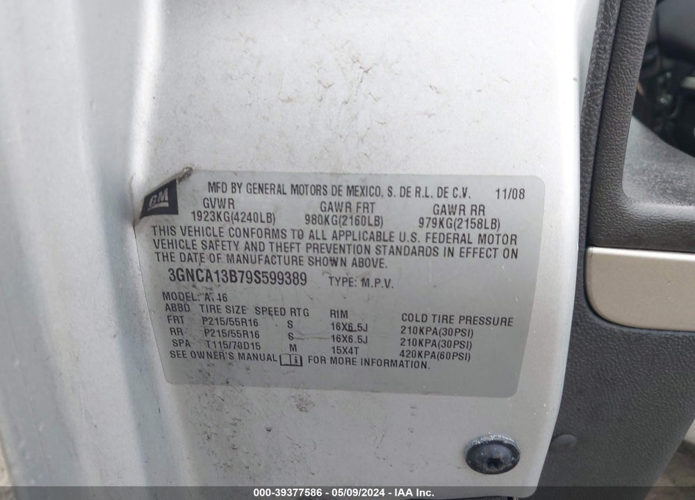 2009 CHEVROLET HHR VIN: 3GNCA13B79S599389