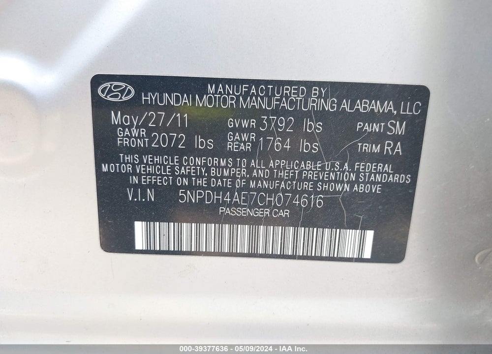 2012 HYUNDAI ELANTRA GLS VIN: 5NPDH4AE7CH074616
