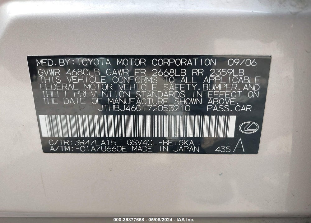 2007 LEXUS ES 350 VIN: JTHBJ46G172053210