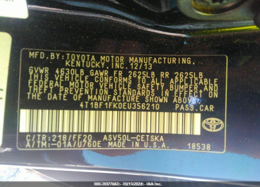 2014 TOYOTA CAMRY SE VIN: 4T1BF1FK0EU356210