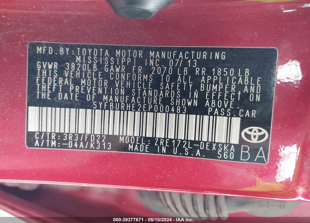 2014 TOYOTA COROLLA S PLUS VIN: 5YFBURHE2EP000483