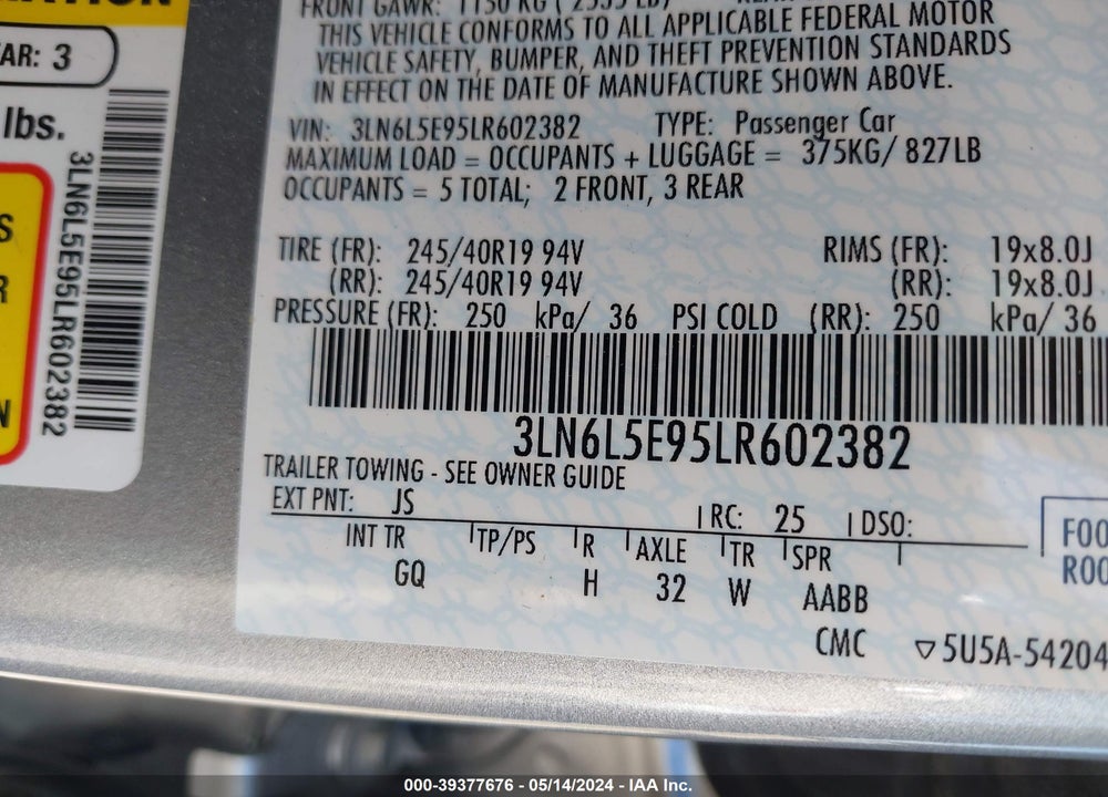 2020 LINCOLN MKZ VIN: 3LN6L5E95LR602382