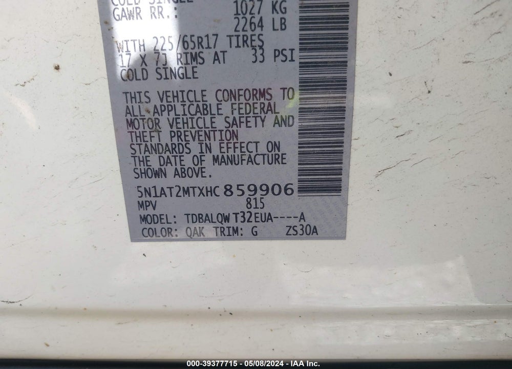 2017 NISSAN ROGUE SV VIN: 5N1AT2MTXHC859906