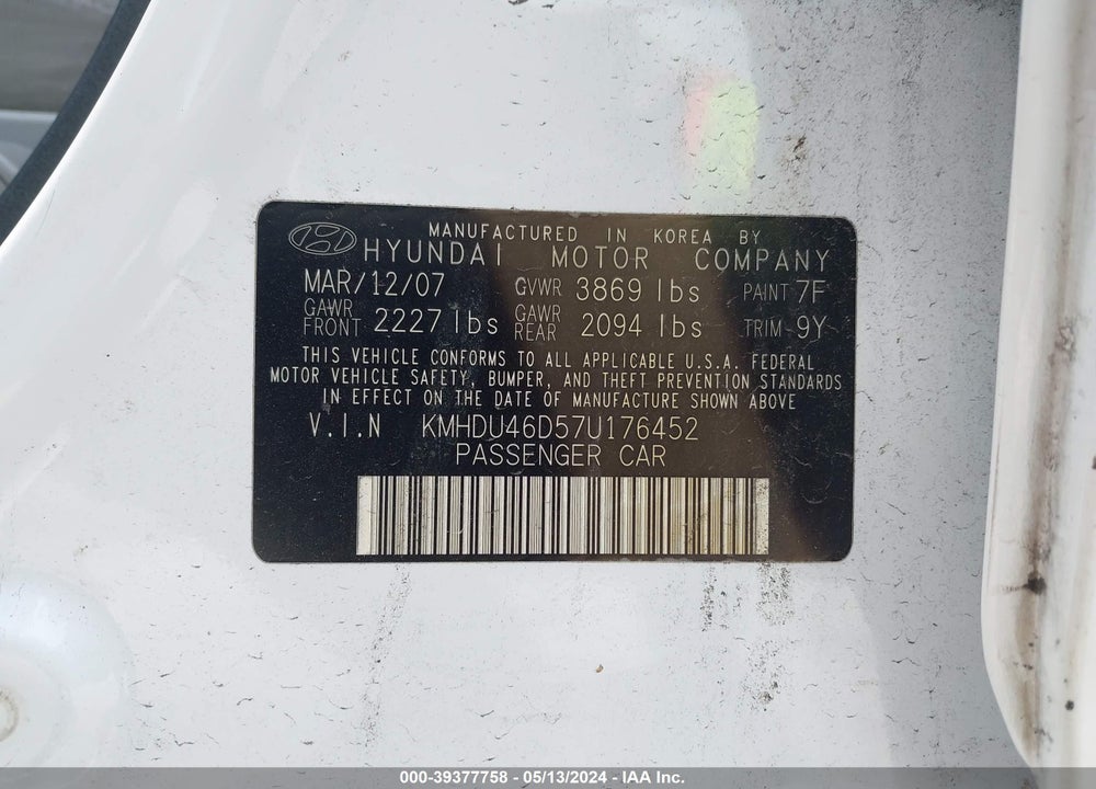 2007 HYUNDAI ELANTRA GLS/LIMITED/SE VIN: KMHDU46D57U176452