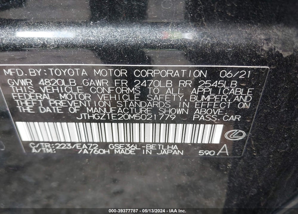 2021 LEXUS IS 350 F-SPORT VIN: JTHGZ1E20M5021779