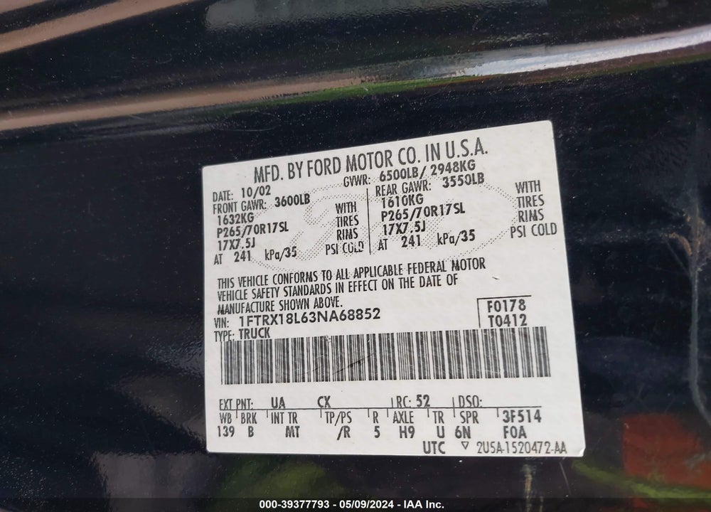 2003 FORD F-150 VIN: 1FTRX18L63NA68852