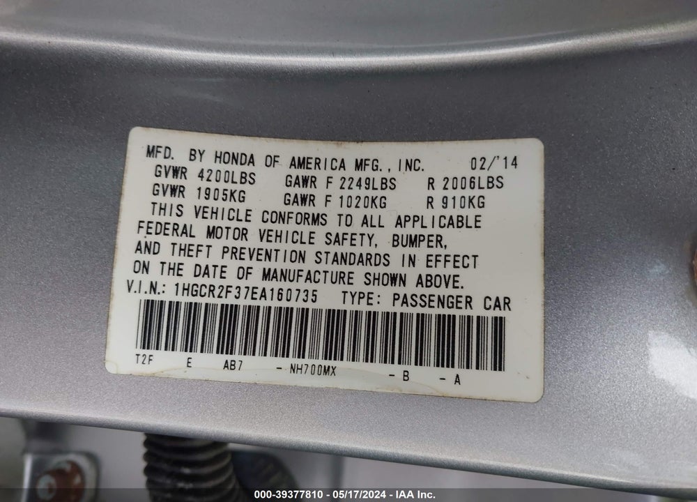 2014 HONDA ACCORD LX VIN: 1HGCR2F37EA160735