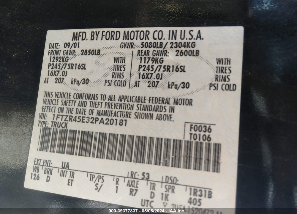 2002 FORD RANGER EDGE/XLT VIN: 1FTZR45E32PA20181