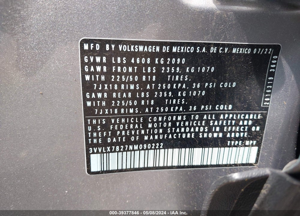 2022 VOLKSWAGEN TAOS VIN: 3VVLX7B27NM090222