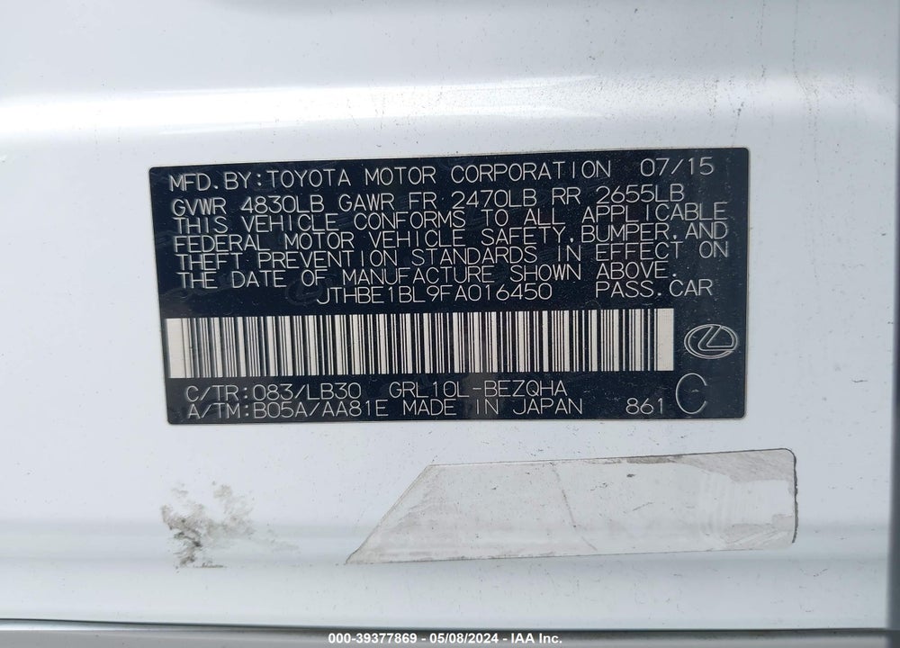 2015 LEXUS GS 350 VIN: JTHBE1BL9FA016450