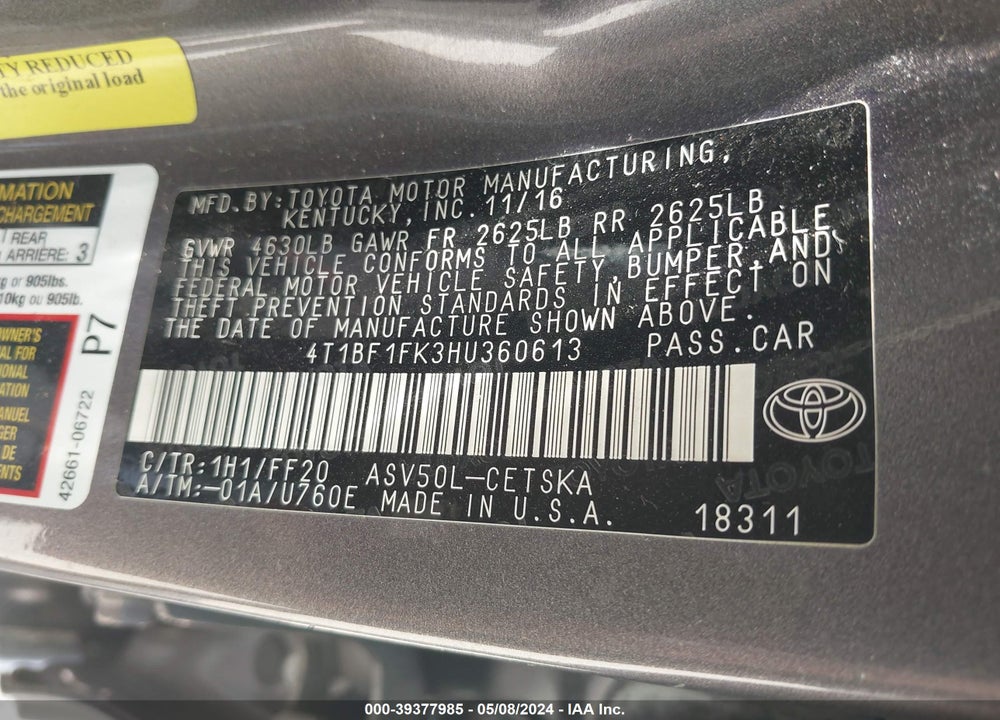 2017 TOYOTA CAMRY SE VIN: 4T1BF1FK3HU360613