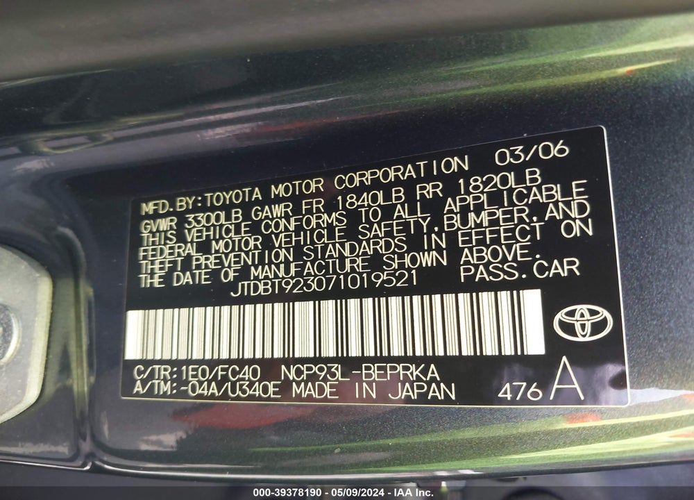 2007 TOYOTA YARIS S VIN: JTDBT923071019521