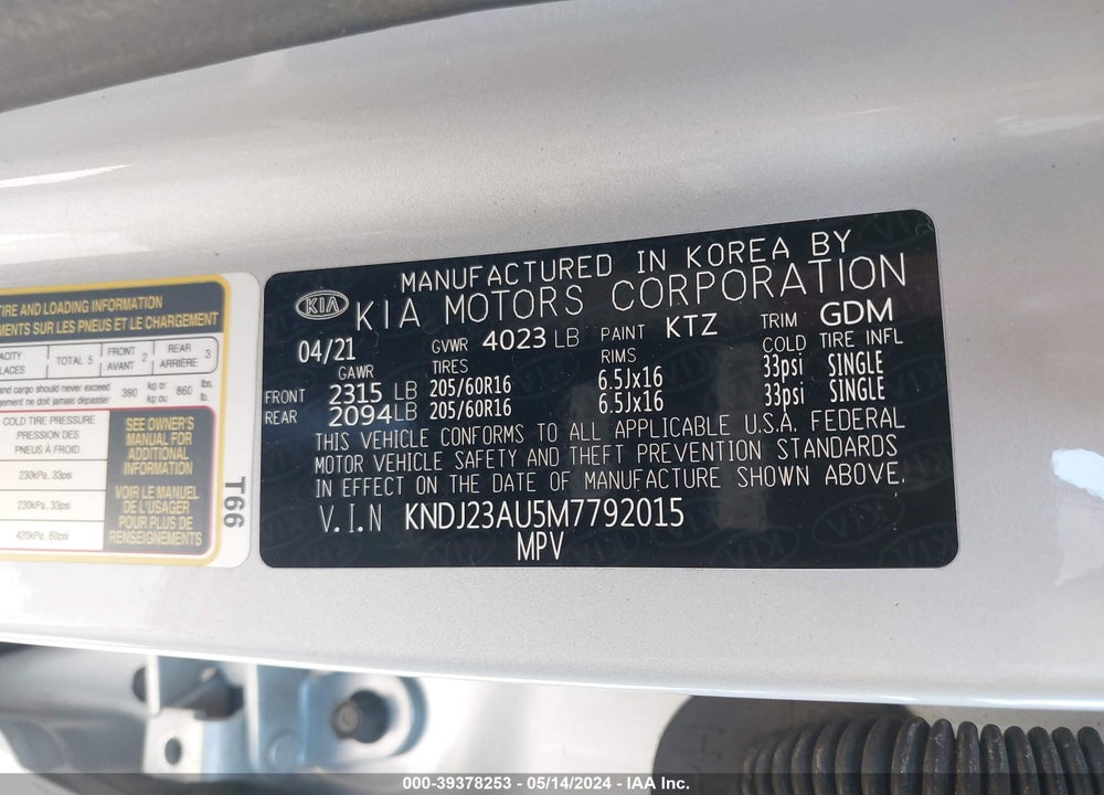 2021 KIA SOUL LX VIN: KNDJ23AU5M7792015