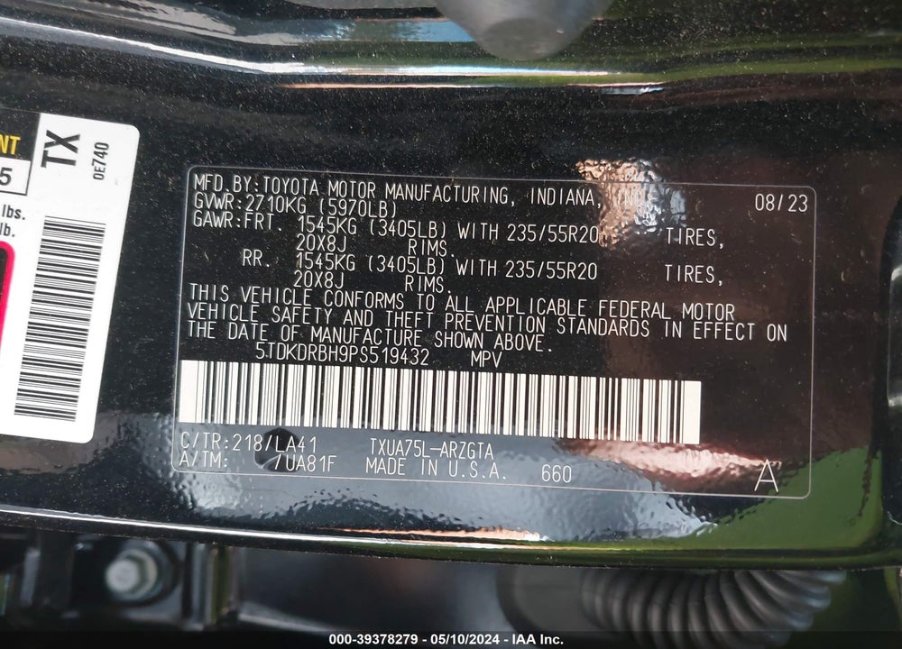 2023 TOYOTA HIGHLANDER PLATINUM VIN: 5TDKDRBH9PS519432