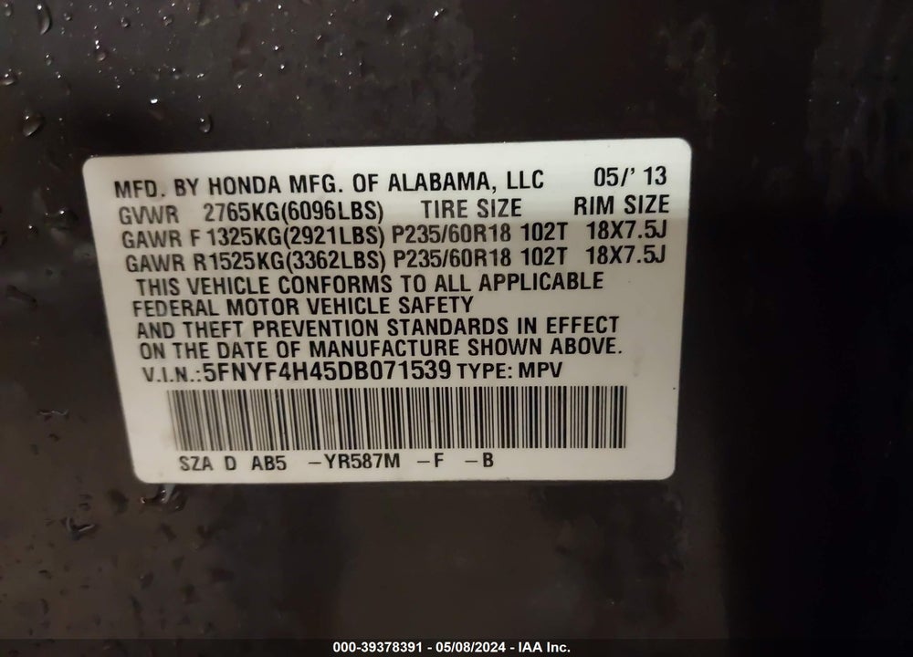 2013 HONDA PILOT EX VIN: 5FNYF4H45DB071539