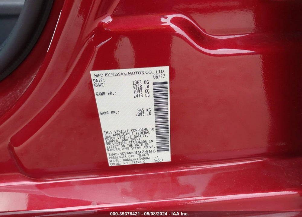 2022 NISSAN ALTIMA SV FWD VIN: 1N4BL4DV4NN392686