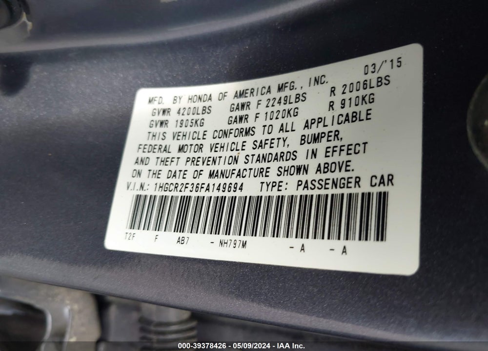 2015 HONDA ACCORD LX VIN: 1HGCR2F36FA149694