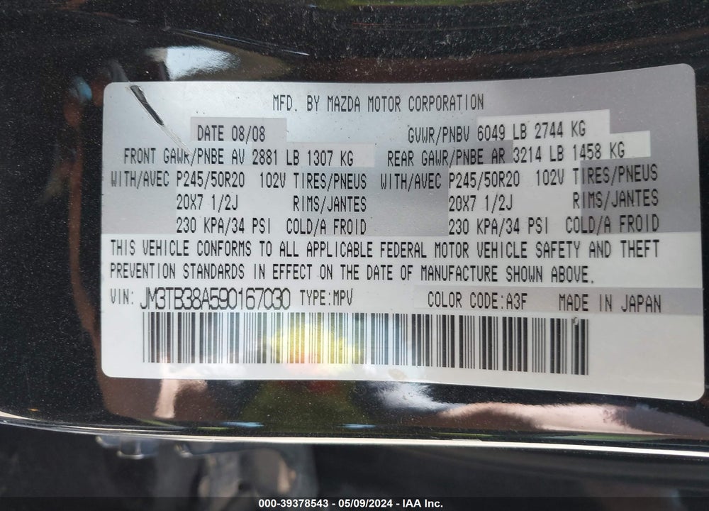 2009 MAZDA CX-9 GRAND TOURING VIN: JM3TB38A590167030