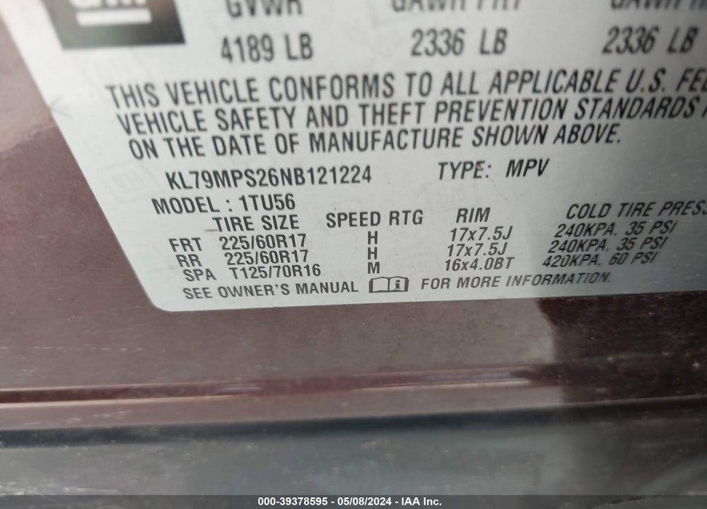 2022 CHEVROLET TRAILBLAZER FWD LT VIN: KL79MPS26NB121224