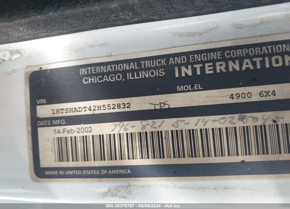 2002 INTERNATIONAL 4000 4900 VIN: 1HTSHADT42H552832