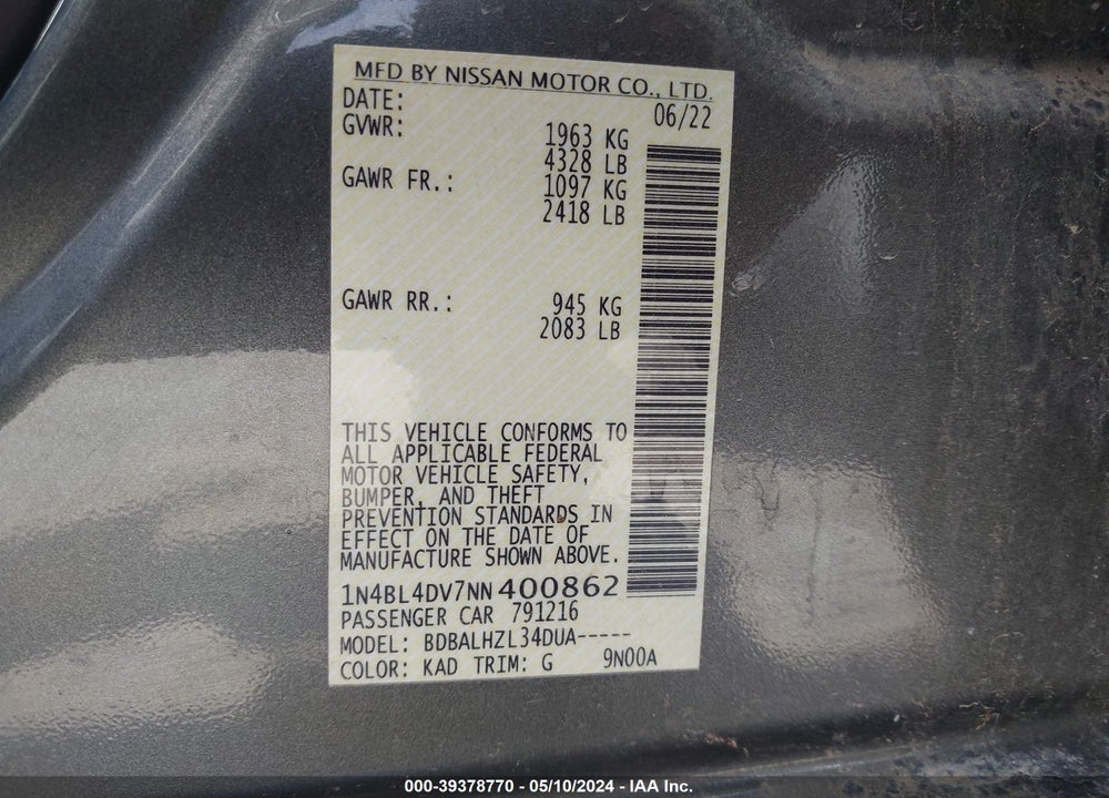 2022 NISSAN ALTIMA SV FWD VIN: 1N4BL4DV7NN400862
