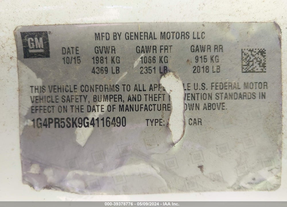 2016 BUICK VERANO CONVENIENCE GROUP VIN: 1G4PR5SK9G4116490