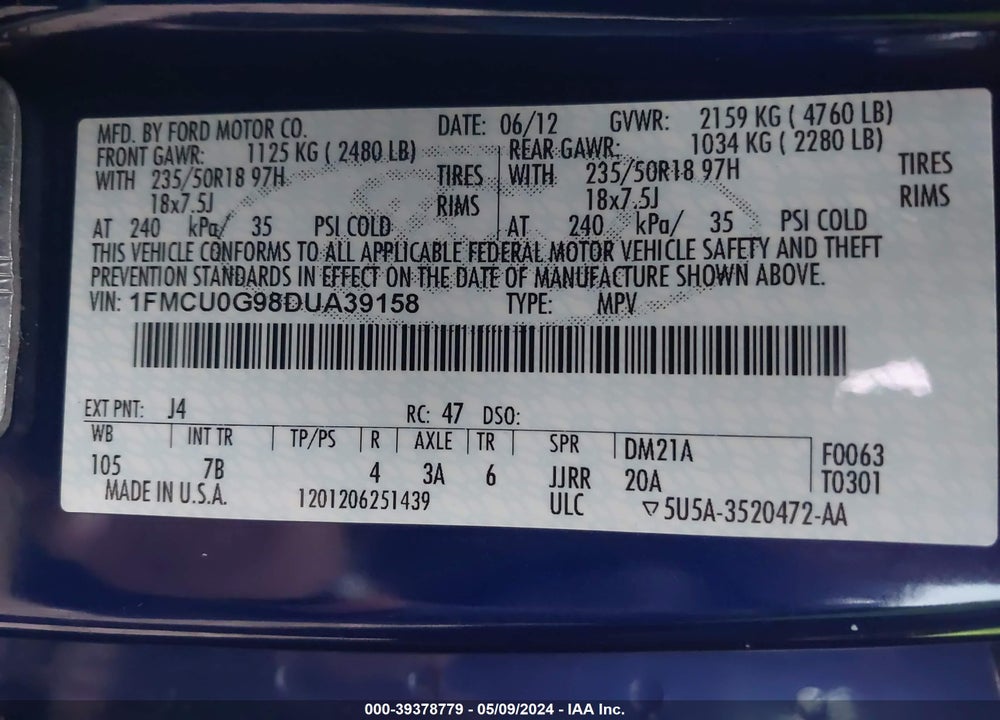 2013 FORD ESCAPE SE VIN: 1FMCU0G98DUA39158