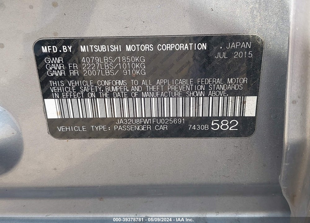 2015 MITSUBISHI LANCER GT VIN: JA32U8FW1FU025691