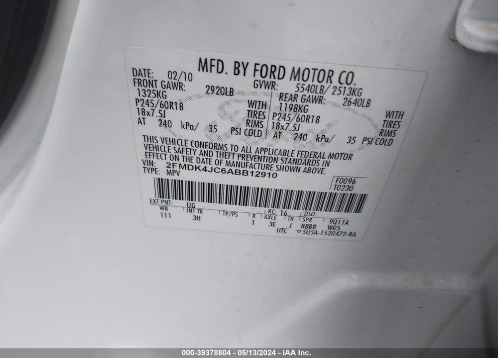 2010 FORD EDGE SEL VIN: 2FMDK4JC6ABB12910