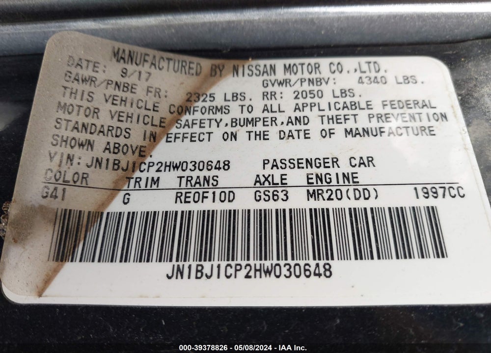 2017 NISSAN ROGUE SPORT SV VIN: JN1BJ1CP2HW030648