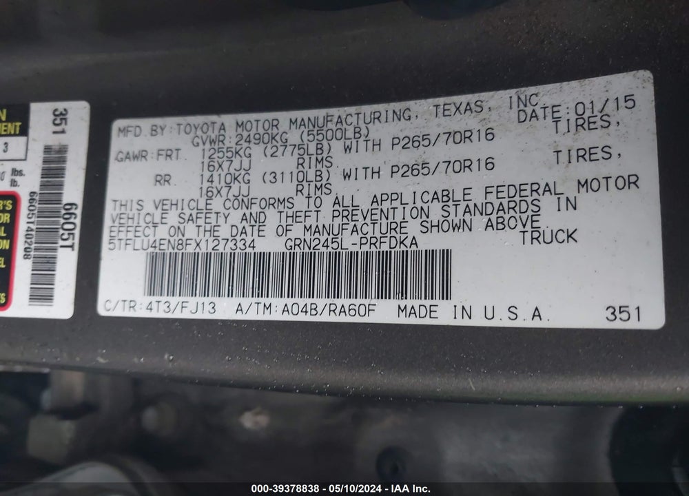 2015 TOYOTA TACOMA BASE V6 VIN: 5TFLU4EN8FX127334