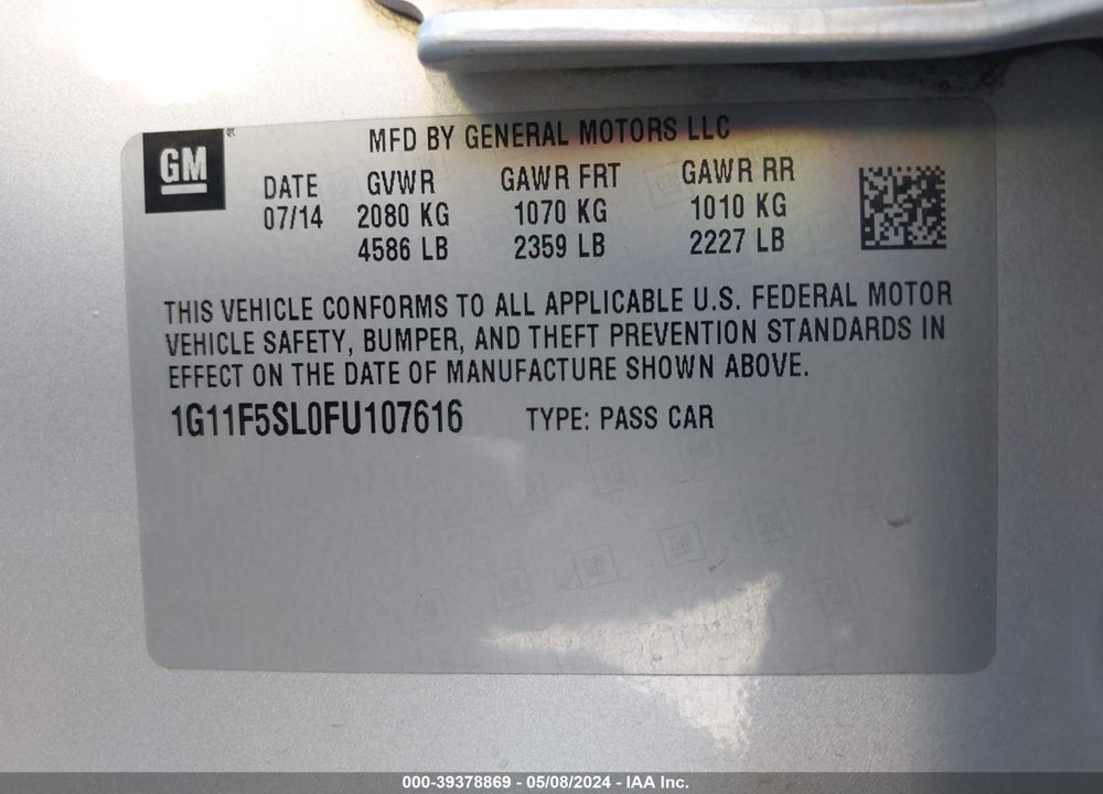 2015 CHEVROLET MALIBU 1LZ VIN: 1G11F5SL0FU107616