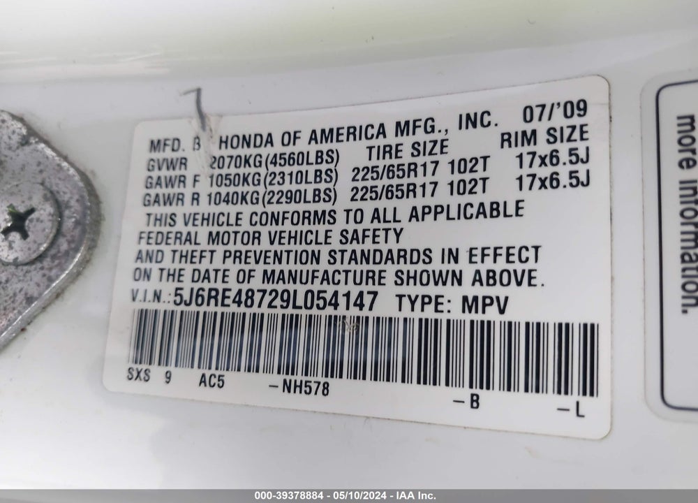 2009 HONDA CR-V EX-L VIN: 5J6RE48729L054147