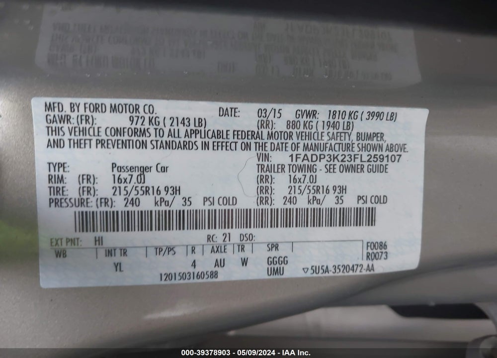 2015 FORD FOCUS VIN: 1FADP3K23FL259107