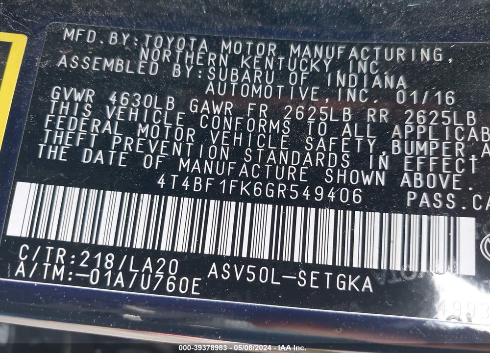 2016 TOYOTA CAMRY XLE VIN: 4T4BF1FK6GR549406